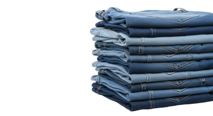 Meticulously folded stack of classic blue denim jeans, various washes, visible texture, on a transparent studio background with soft lighting. Concept of timeless fashion and quality