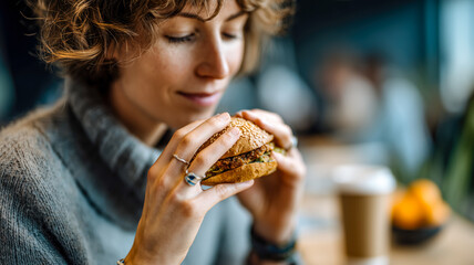Woman with curly hair savoring the aroma of a sesame seed bun burger in a cozy café, anticipation evident on her face. Delicious food.