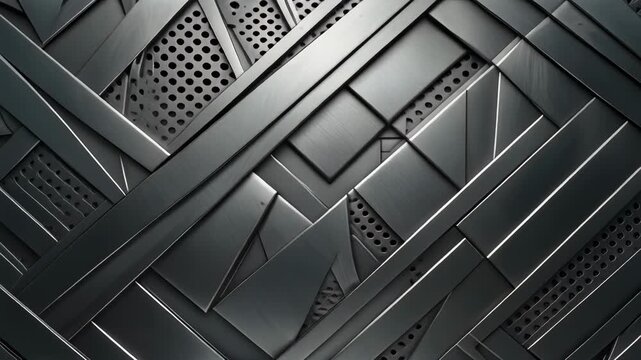 Abstract metal structure with crisscrossing bands and perforated sheets.