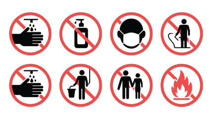 Fototapeta premium Hygiene & Safety Signs for Offices, Malls Wash Hands, Sanitize, Face Mask, No Littering, Fire Exit Silhouettes