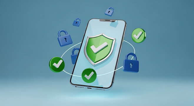 Smartphone with green shield and checkmarks surrounded by blue locks mobile technology