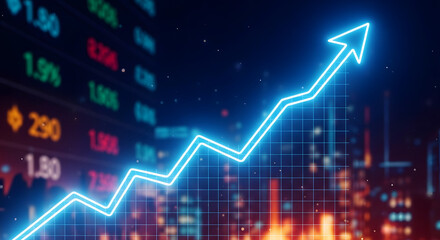 Bright neon blue upward trend arrow graph over blurred stock market data display
