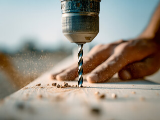 Worker using a cordless drill to bore precise holes into wooden surface with wood dust particles flying in a detailed woodworking process outdoors