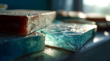 Translucent blocks catch sunlight, their geometric forms enhanced by a vibrant play of color and a mosaic of cracked textures.