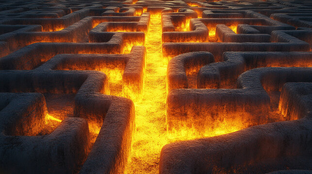 Abstract maze with glowing light path leading to the exit symbolizing guidance problem solving direction clarity strategy and the journey from complexity to solution in a modern conceptual design
