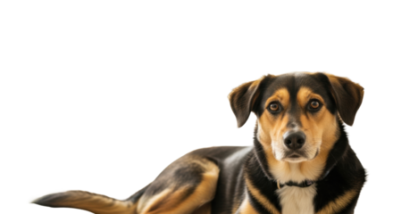 A happy mixed-breed dog with dark brown, tan, cream fur and bright brown eyes lies serenely on a plush pet bed in a light-filled minimalist interior with bokeh. Concept of pet well-being and loyalty