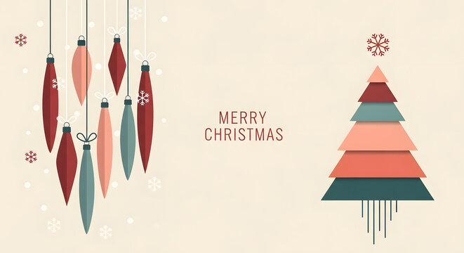 Mid century modern christmas tree and ornaments with festive greeting on cream background - Powered by Adobe