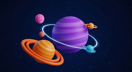 Whimsical cartoon planets with rings in starry deep space galaxy stars