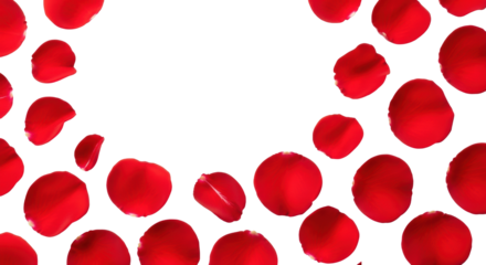 Vibrant red rose petals, delicate and smooth, meticulously scattered in a top-down flat lay on a transparent background with soft studio light, concept of heartfelt romance