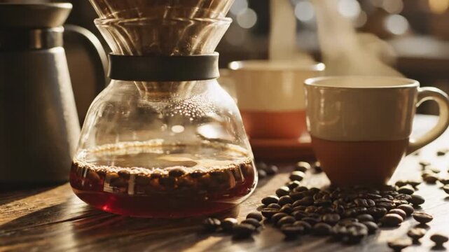 A cozy coffee brewing scene with fresh beans spilled on a wooden table, highlighting a warm caf&eacute; atmosphere
