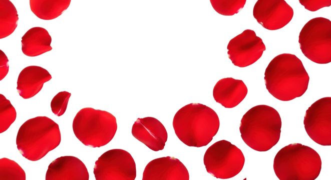 Vibrant red rose petals, delicate and smooth, meticulously scattered in a top-down flat lay on a transparent background with soft studio light, concept of heartfelt romance