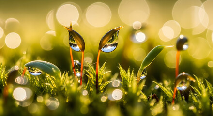 Dew-kissed morning macro: emerald blades, glistening droplets, and sparkling orbs in soft bokeh

