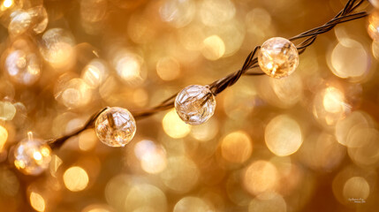 Warm glowing string lights with crystal clear bulbs creating a festive golden bokeh background perfect for holiday and celebration themes