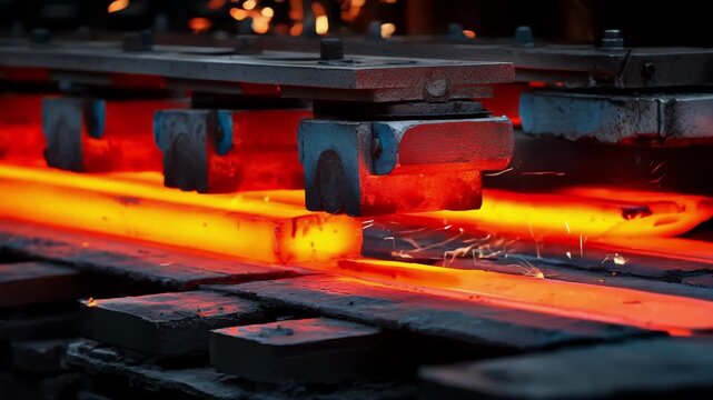 Detailed medium shot highlighting the mechanical interaction during billet lengthening with continuous roll forging focusing on roller texture and billet surface transformation.