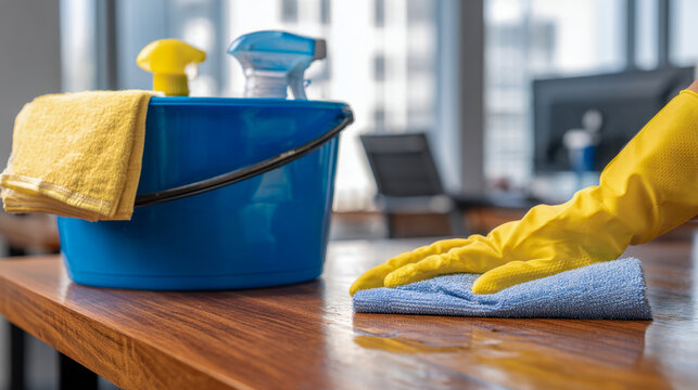 Person wearing yellow gloves wiping a wooden table with blue cloth next to a blue bucket with cleaning supplies in a sunlit office space