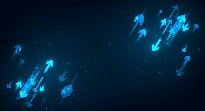 Abstract glowing blue arrows moving in different directions against a dark background - Powered by Adobe