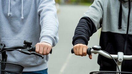 Close up of two people holding bicycle handlebars on a sunny day outdoors