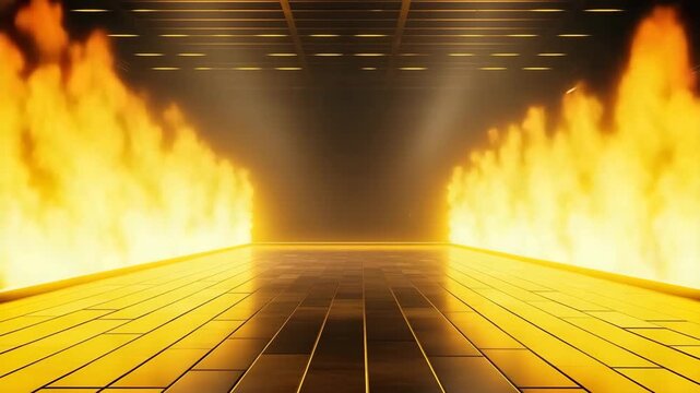 Futuristic burning platform with golden beams
