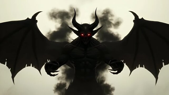A formidable, dark, horned creature with large leathery wings and glowing red eyes emerges from swirling black smoke against a stark, light background. This powerful, menacing entity stands tall, exud
