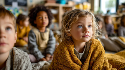 A diverse group of young children sit attentively, eyes focused on something beyond the frame, wrapped in cozy blankets, learning together.