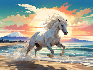 A thoroughbred sprinting at full speed.