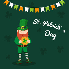 Happy St. Patrick’s Day Leprechaun Holding Gold Coin in Both Hands with Clover Leaves. Vector Design