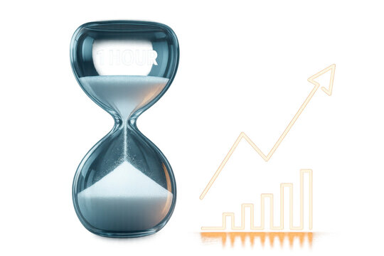 Time and Progress: An hourglass, with sand elegantly flowing, symbolizes time's passage, juxtaposed with a rising graph suggesting growth and advancement. This visual captures the essence of progress.