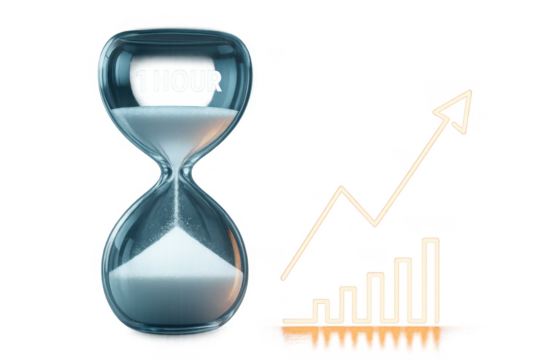 Time and Progress: An hourglass, with sand elegantly flowing, symbolizes time's passage, juxtaposed with a rising graph suggesting growth and advancement. This visual captures the essence of progress.