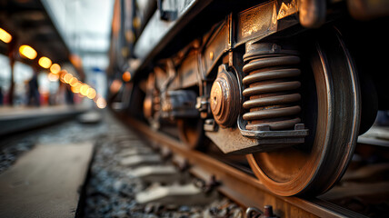 Focused shot of train wheels and suspension hardware on the tracks with station lights blurred in the background. A study in mechanics.