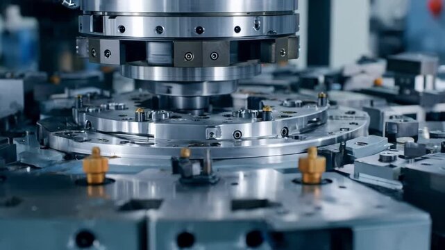 Dynamic medium shot showcasing complex design creation through progressive die stamping revealing detailed metal parts forming in sequence.