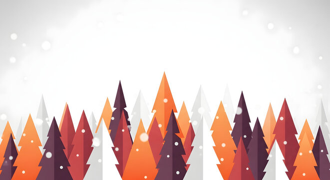 Abstract winter forest scene with colorful geometric trees and falling snow