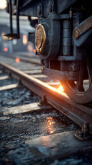 Close-up of a train wheel on the tracks, highlighting the interplay of industrial textures and subtle lighting effects.