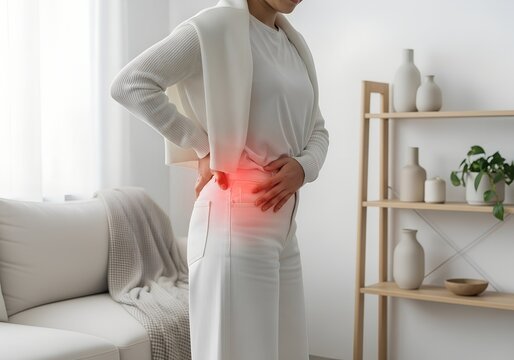 Person indoors holding lower back in pain, highlighting kidney discomfort or backache in a modern home setting