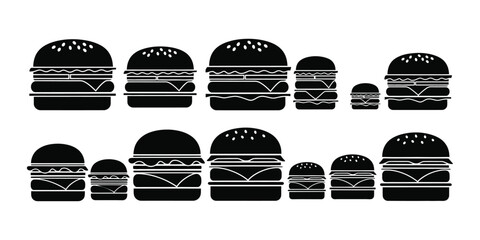 Collection of burger icons isolated on white background in black silhouette