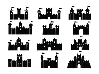 Collection of castle silhouettes isolated on white background for design needs