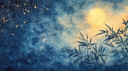 traditional ink and watercolor painting of bamboo leaves with a starry night background © Pat J.