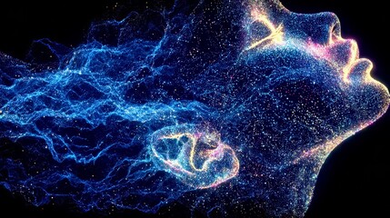 Blue and purple face with a lot of stars and swirls. The face is surrounded by a blue and purple background