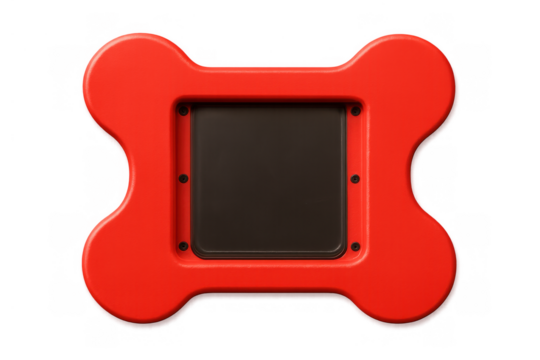 Red bone-shaped toy frame with blank dark screen, offering space for messages or pictures, transparent background isolated