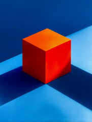 Bright orange geometric cube casting sharp shadows on a vibrant blue surface creating bold contrast and minimalist abstract composition with dramatic lighting effect