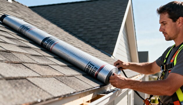 Worker installs sturdy ice barrier material beneath shingles on a sloped roof to stop ice buildup and water damage