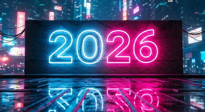 Neon 2026 sign glowing in a rainy cyberpunk city at night neon sign - Powered by Adobe