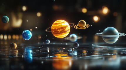 A holographic solar system floating in mid-air, with glowing planets, orbit lines, and shimmering light projections creating a futuristic sci-fi display.