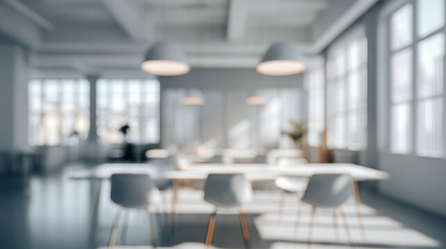 Bright and spacious modern office interior with natural light streaming through large windows onto a long wooden table and several white chairs in an open layout