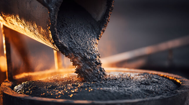 Pouring fresh molten metal into a circular mold with warm glowing light highlighting the industrial process and texture of the hot liquid material