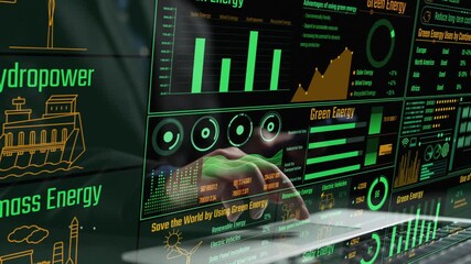 Explore a digital interface showcasing innovative data visualizations on green energy solutions, highlighting solar, wind, and biomass technologies for sustainable development. Cipher - Powered by Adobe