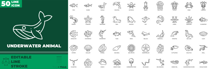 Underwater Animal Line Editable Icons set