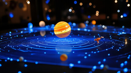 A holographic solar system floating in mid-air, with glowing planets, orbit lines, and shimmering light projections creating a futuristic sci-fi display.