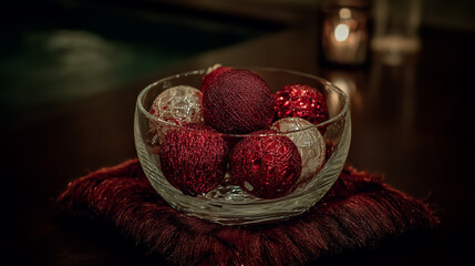 Red and silver christmas ornaments in a clear glass bowl with warm cozy holiday candlelight