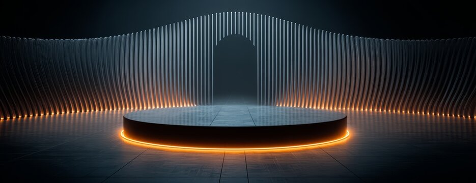 Large, empty stage with a large archway in the middle. The archway is lit up with orange lights, creating a dramatic