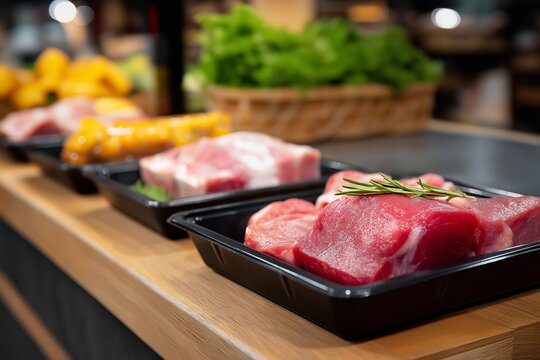 Raw meat display in black plastic trays showcasing various cuts, arranged neatly on a wooden shelf, surrounded by fresh produce in a vibrant supermarket setting